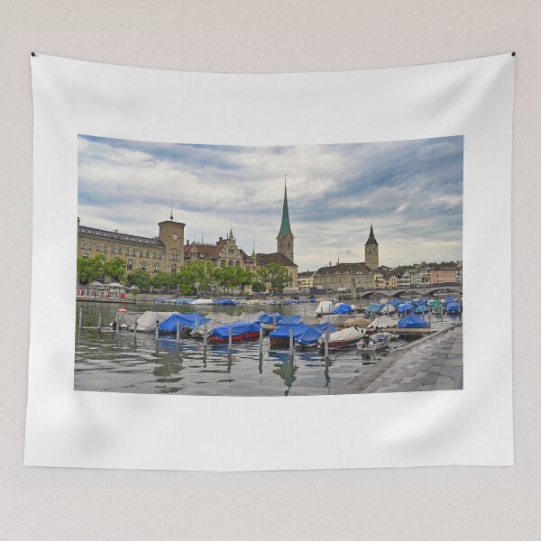Item preview, Zurich view from the river Limmat with the view of St. Peter and Fraumunster church clock towers.  designed and sold by goceris.