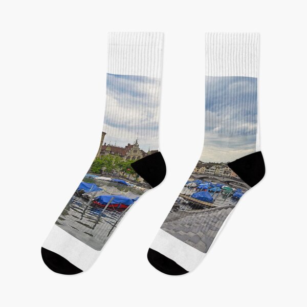 Item preview, Zurich view from the river Limmat with the view of St. Peter and Fraumunster church clock towers.  designed and sold by goceris.
