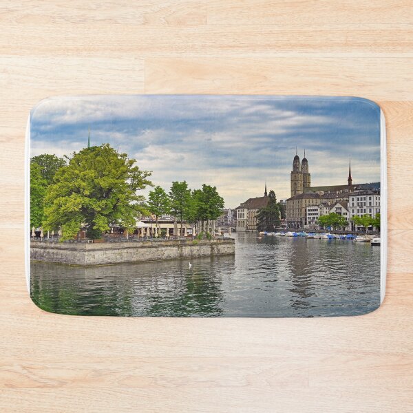 Item preview, Zurich old town view from the river area with the view of Grossmunster church clock tower designed and sold by goceris.