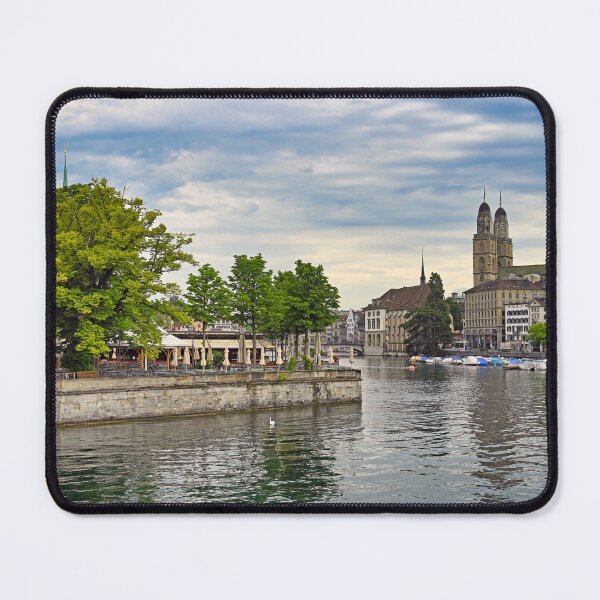 Item preview, Zurich old town view from the river area with the view of Grossmunster church clock tower designed and sold by goceris.