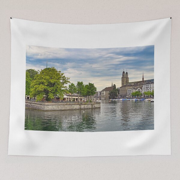 Item preview, Zurich old town view from the river area with the view of Grossmunster church clock tower designed and sold by goceris.