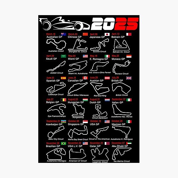 Aperçu de l'œuvre Calendrier des courses de Formule 1 2025 circuits nommés créée et vendue par ideasfinder.