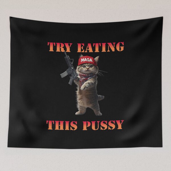 Item preview, Funny Cat in a MAGA Hat with Weapon – Try Eating Me Sticker designed and sold by OwlWorks.