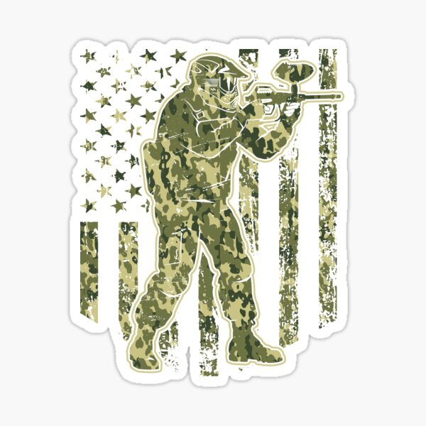 Vista previa del artículo con la obra «Bandera americana camuflada para amantes del paintball», diseñado y vendido por MintedFresh.