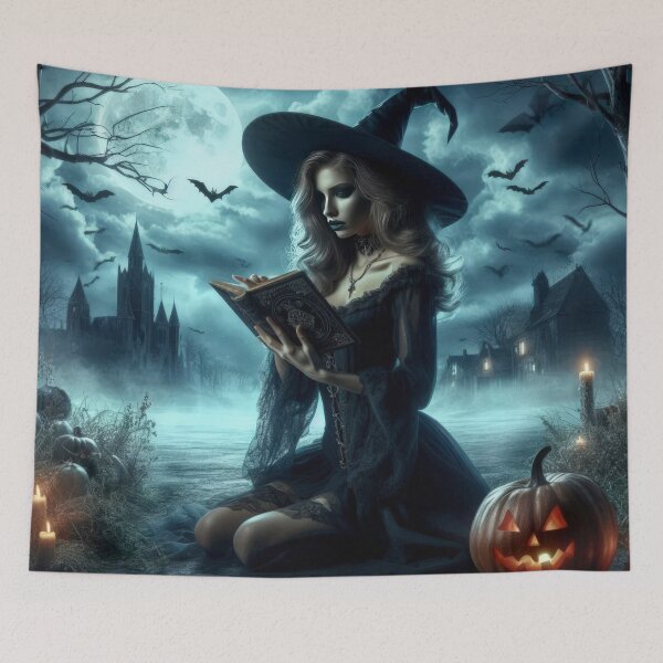 Item preview, sitting beautiful witch with a book and gloomy landscape Halloween Pumpkin designed and sold by Expressions-Sel.