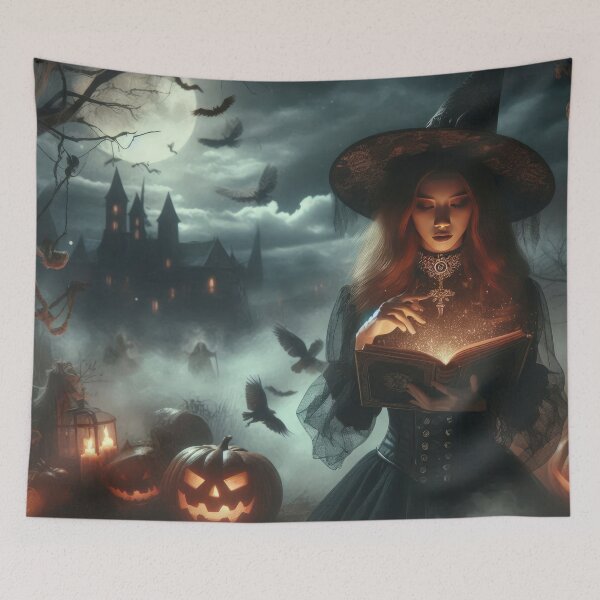 Item preview, beautiful witch with a magic book and gloomy landscape Halloween Pumpkin designed and sold by Expressions-Sel.