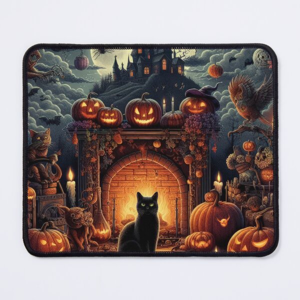 Item preview, black cat in front of the fireplace and gloomy landscape Halloween Pumpkin designed and sold by Expressions-Sel.