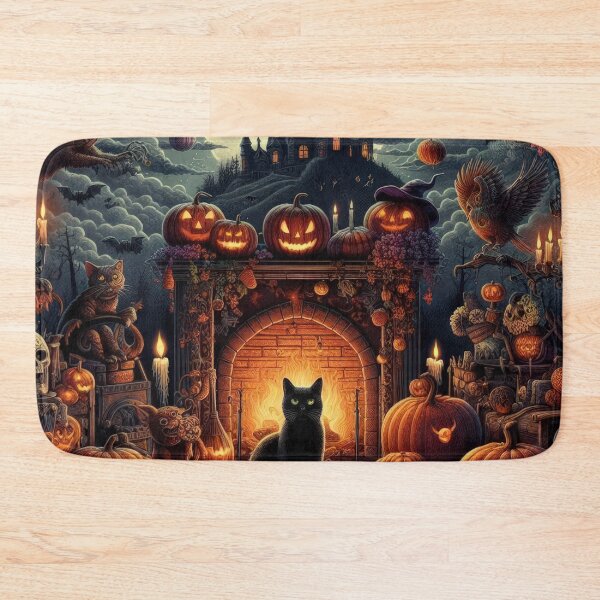 Item preview, black cat in front of the fireplace and gloomy landscape Halloween Pumpkin designed and sold by Expressions-Sel.