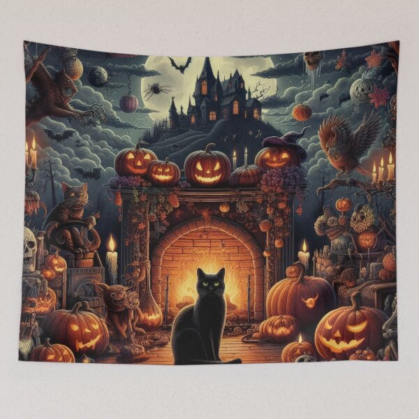 Item preview, black cat in front of the fireplace and gloomy landscape Halloween Pumpkin designed and sold by Expressions-Sel.