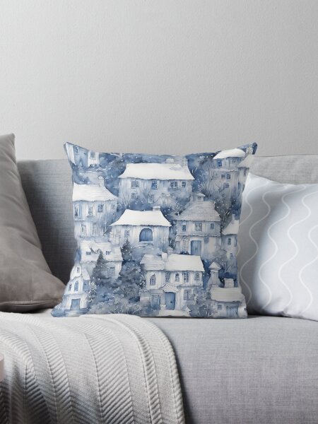 Aperçu de l'œuvre Toile de Jouy française bleue et blanche Scène d'hiver de Noël créée et vendue par ThePinkProject.