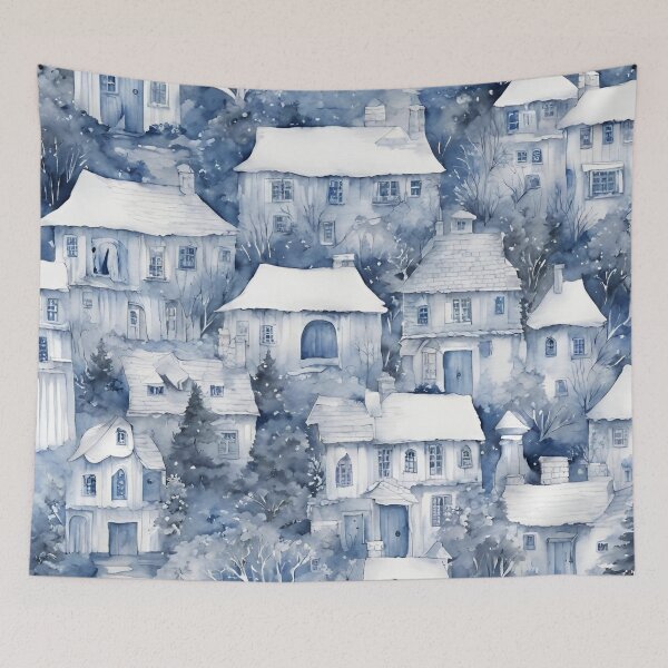 Item preview, Escena navideña invernal en azul y blanco en Toile de Jouy francés designed and sold by ThePinkProject.