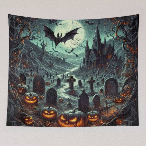 Item preview, bats over cemeteries and glowing pumpkins Halloween Pumpkin designed and sold by Expressions-Sel.