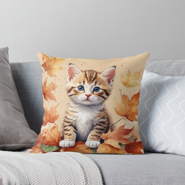 Cute Kitten Playing in Autumn Leaves | Cozy Fall Vibes Throw Pillow
