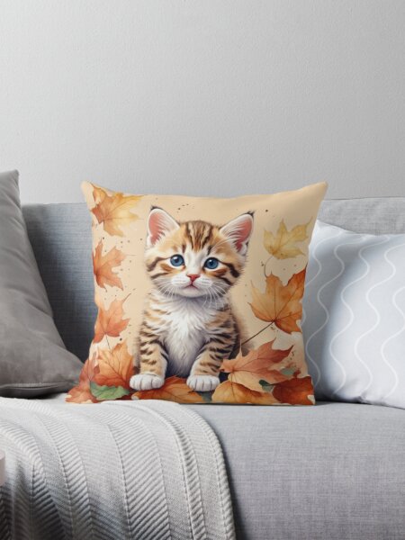 Cute Kitten Playing in Autumn Leaves | Cozy Fall Vibes Throw Pillow