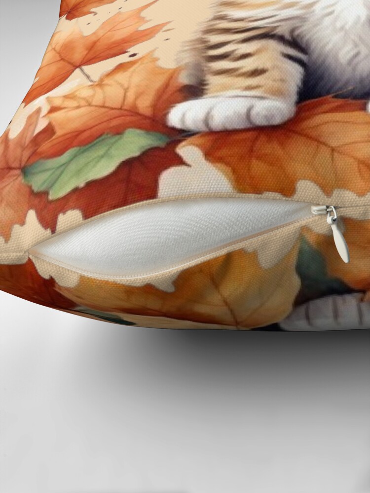 Thumbnail 2 of 4, Pillow, Cute Kitten Playing in Autumn Leaves | Cozy Fall Vibes designed and sold by vonna79.