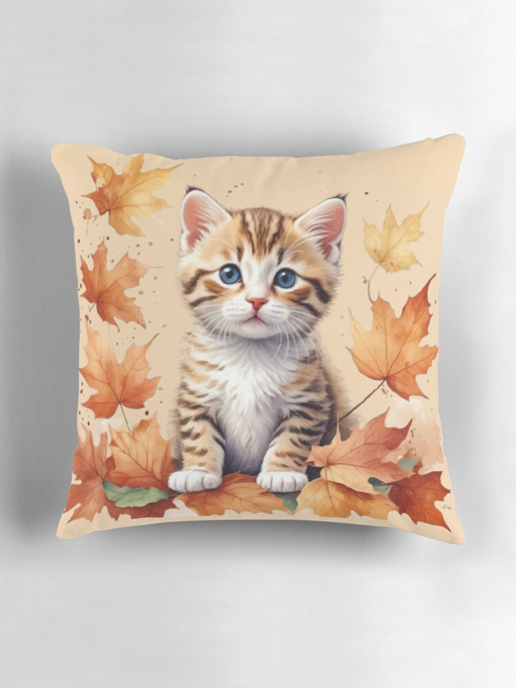 Thumbnail 3 of 4, Pillow, Cute Kitten Playing in Autumn Leaves | Cozy Fall Vibes designed and sold by vonna79.