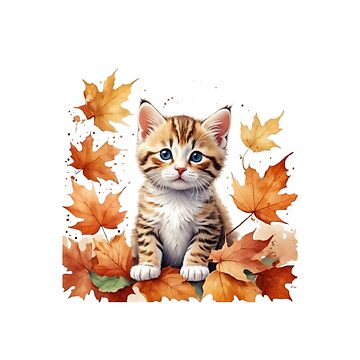 Artwork thumbnail, Cute Kitten Playing in Autumn Leaves | Cozy Fall Vibes by vonna79