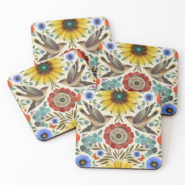 Item preview, Bohemian Waxwings on White Linen designed and sold by Silver Steer Design.