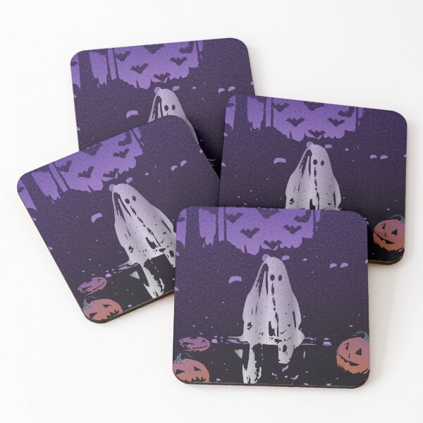 Item preview, Ghost sitting on a bench next to the pumpkins designed and sold by Dziabacz13.