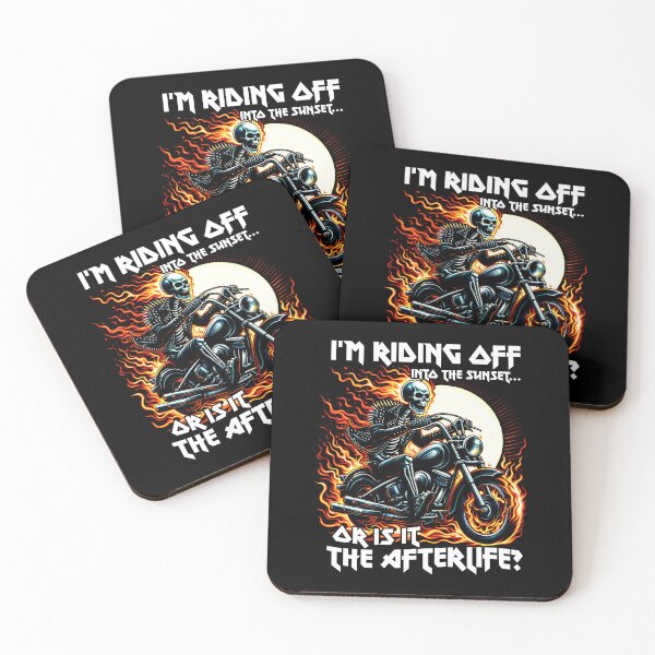 Item preview, I'M RIDING OFF INTO THE SUNSET OR IS IT THE AFTERLIFE? A Skeletal Odyssey Through Flaming Skies designed and sold by SplashTastic.
