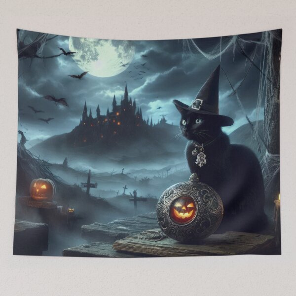 Item preview, beablack cat with medallion and gloomy landscape Halloween Pumpkin designed and sold by Expressions-Sel.