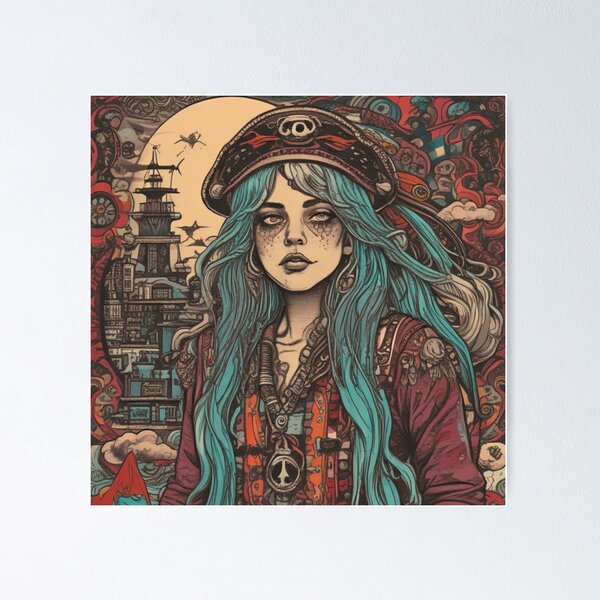 Item preview, pirate woman, psychedelic, retro, 70s, illustration, designed and sold by diulid.