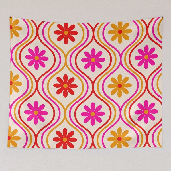 Item preview, Retro Orange, Red and Pink Flowers on Vintage Ogee Pattern  designed and sold by Yasminepatterns .