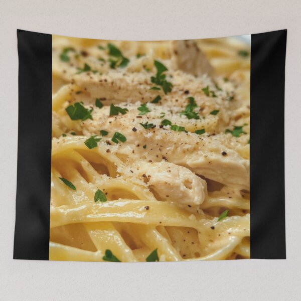 Item preview, Creamy pasta with chicken and herbs prepared in a rustic kitchen on a sunny afternoon. designed and sold by Jerhus.