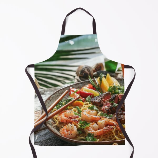Item preview, Fresh seafood and grilled steak served on a tropical beach with vibrant vegetables and a refreshing drink in the afternoon sun. designed and sold by Jerhus.