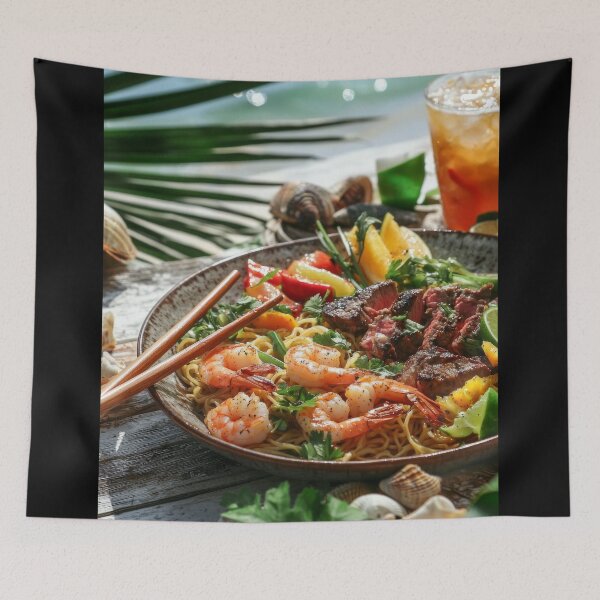 Item preview, Fresh seafood and grilled steak served on a tropical beach with vibrant vegetables and a refreshing drink in the afternoon sun. designed and sold by Jerhus.