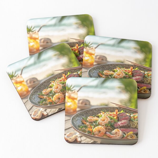 Item preview, Delicious seafood and steak pasta served in a vibrant outdoor setting near the ocean at sunset. designed and sold by Jerhus.