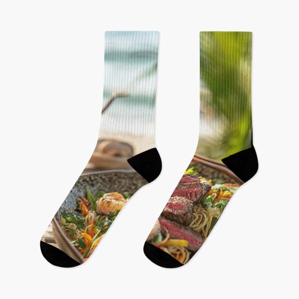 Item preview, Delicious seafood and steak pasta served in a vibrant outdoor setting near the ocean at sunset. designed and sold by Jerhus.