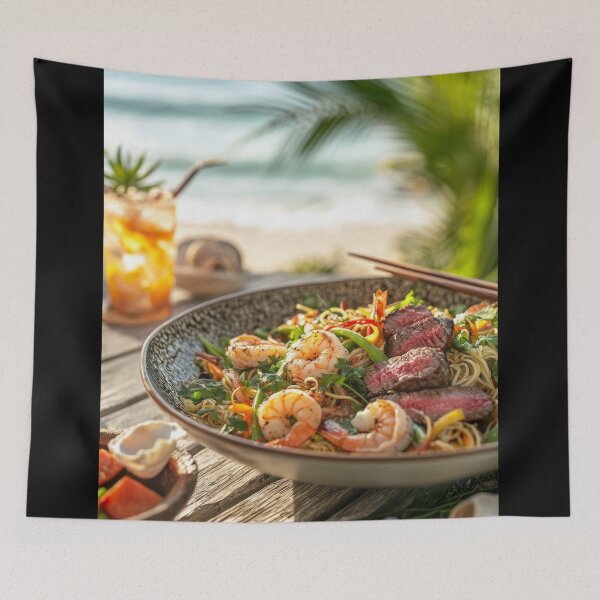Item preview, Delicious seafood and steak pasta served in a vibrant outdoor setting near the ocean at sunset. designed and sold by Jerhus.