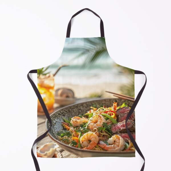 Item preview, Delicious seafood and steak pasta served in a vibrant outdoor setting near the ocean at sunset. designed and sold by Jerhus.