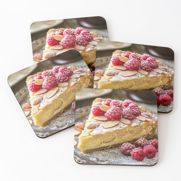 Item preview, Delicious almond tart topped with fresh raspberries and powdered sugar on a rustic table. designed and sold by Jerhus.