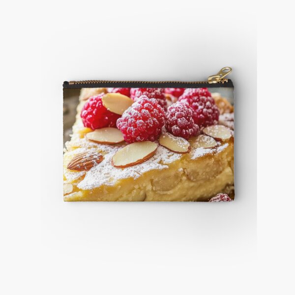 Item preview, Delicious almond tart topped with fresh raspberries and powdered sugar on a rustic table. designed and sold by Jerhus.