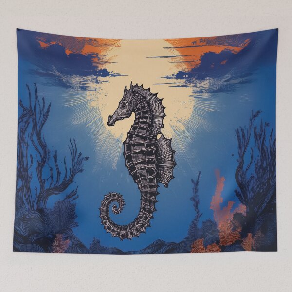 Item preview, Seahorse design with orange sun rising behind it. designed and sold by HEMRO.