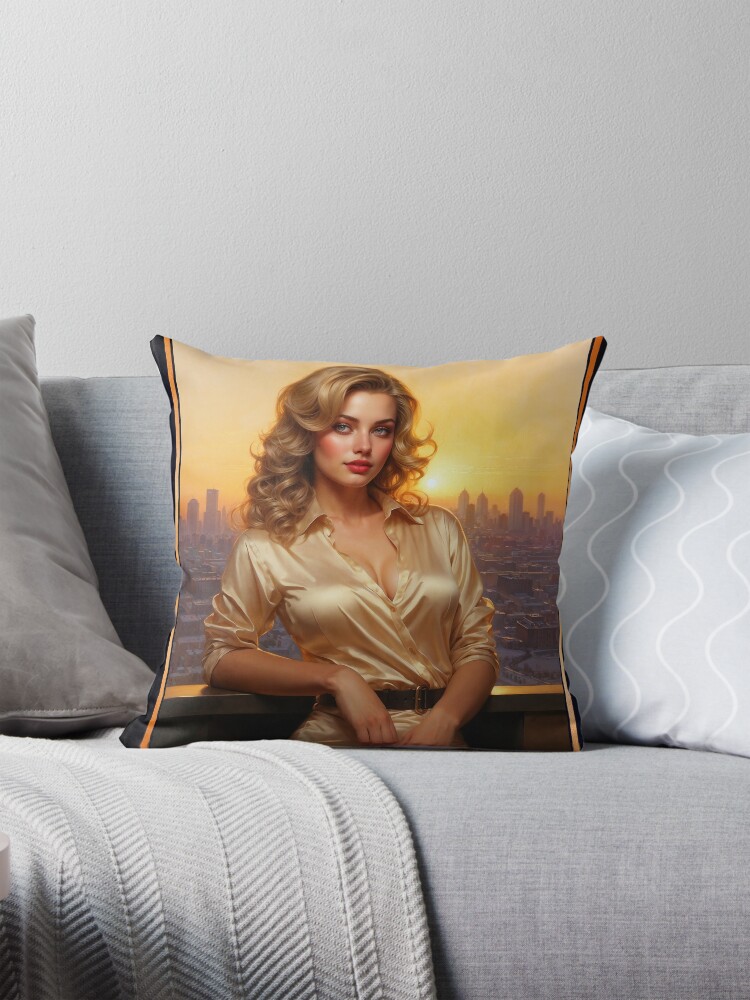 An Elegant Blonde In Satin Dress Against Sunset Cityscape AI Concept Art by Xzendor7 - Her Golden Allure Is Mesmerizing 3 An Elegant Blonde In Satin Dress Against Sunset Cityscape Mesmerizing AI Concept Art by Xzendor7 Decorative Art Print Throw Pillow