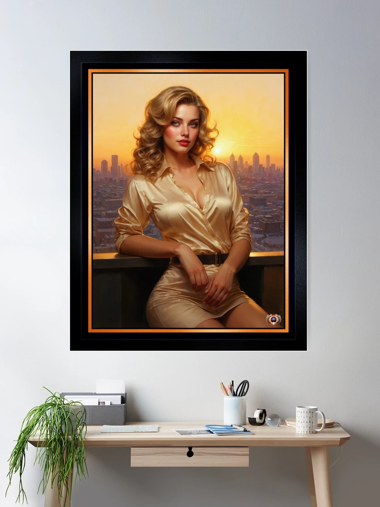 An Elegant Blonde In Satin Dress Against Sunset Cityscape AI Concept Art by Xzendor7 - Her Golden Allure Is Mesmerizing 2 An Elegant Blonde In Satin Dress Against Sunset Cityscape Mesmerizing AI Concept Art by Xzendor7 Wall Decor Poster Art Print