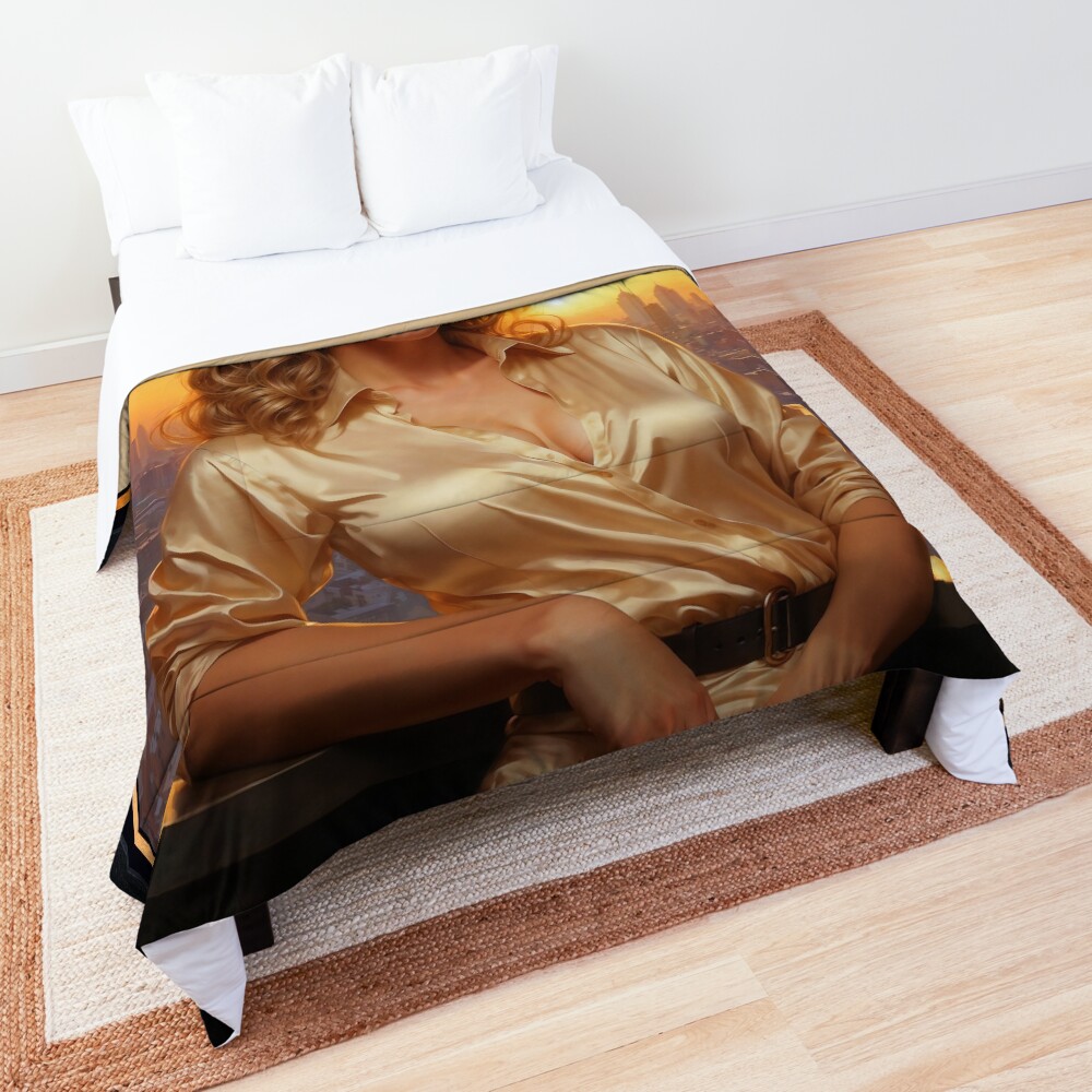 An Elegant Blonde In Satin Dress Against Sunset Cityscape AI Concept Art by Xzendor7 - Her Golden Allure Is Mesmerizing 4 An Elegant Blonde In Satin Dress Against Sunset Cityscape Mesmerizing AI Concept Art by Xzendor7 Decorative Art Print Comforter