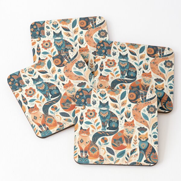 Item preview, Orange & Teal Cats on Black Background Wallpaper Print Pattern with Floral Art – Elegant Cat Design, Dark Floral Pattern, Chic Cat and Flower Wallpaper, Gothic Black Cat Art, Stylish Floral Wallpaper designed and sold by 21 Dragonflies.