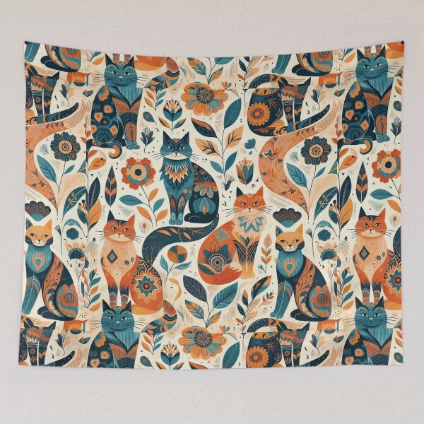Item preview, Orange & Teal Cats on Black Background Wallpaper Print Pattern with Floral Art – Elegant Cat Design, Dark Floral Pattern, Chic Cat and Flower Wallpaper, Gothic Black Cat Art, Stylish Floral Wallpaper designed and sold by 21 Tulips.