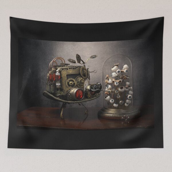 Item preview, Top hat with gears, near antique blown glass doll eyes, inside a glass bell jar, on an antique wooden table designed and sold by Cinzia Murgia.