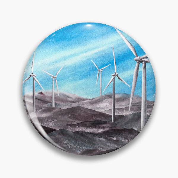 Artikelvorschau, Windmühlen, Windradpark auf Bergketten blauer Himmel. Aquarell handgezeichnete Landschaft entworfen und verkauft von BartolArt.