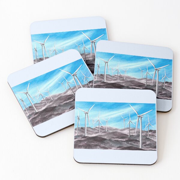 Item preview, Windmills, wind turbine park on mountain ranges blue sky. Watercolor hand drawn landscape  designed and sold by BartolArt.