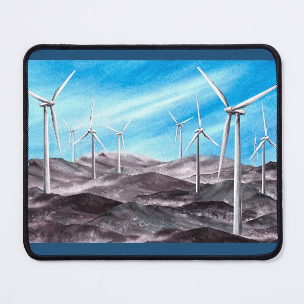 Item preview, Windmills, wind turbine park on mountain ranges blue sky. Watercolor hand drawn landscape designed and sold by BartolArt.