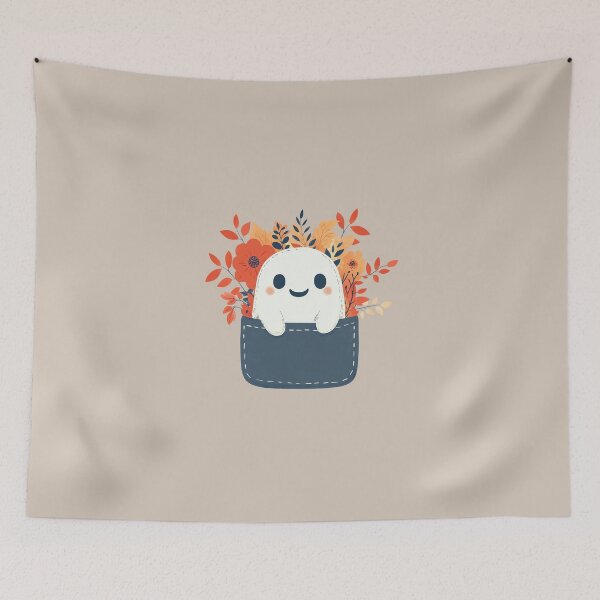 Item preview, Cute Pocket Design with a Happy friendly kawaii Ghost in Fall Autumn Theme on Denim designed and sold by · GAMING SOUL ·.