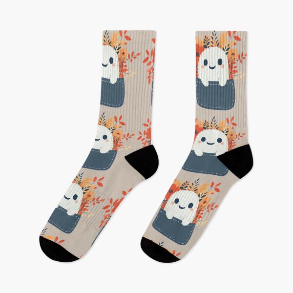 Item preview, Cute Pocket Design with a Happy friendly kawaii Ghost in Fall Autumn Theme on Denim designed and sold by · GAMING SOUL ·.