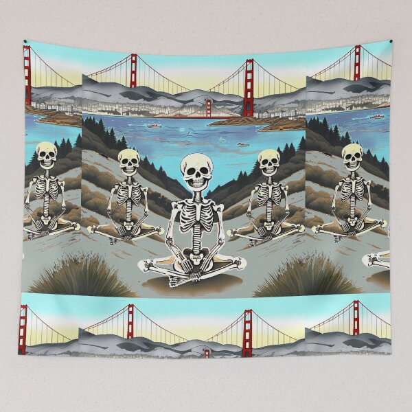 Item preview, Deadhead skeletons meditating San Francisco Golden Gate Bridge designed and sold by AuroraXGreen.