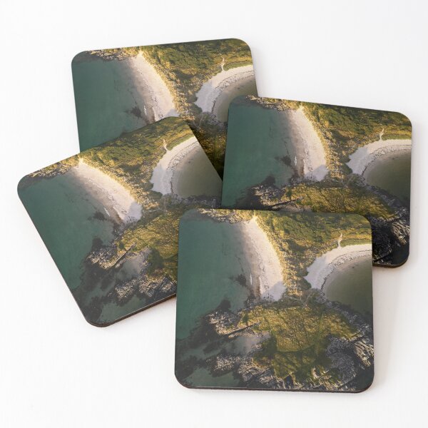 Item preview, An aerial view of Camusdarach Beach in the golden light of sunset designed and sold by RedGrouse.
